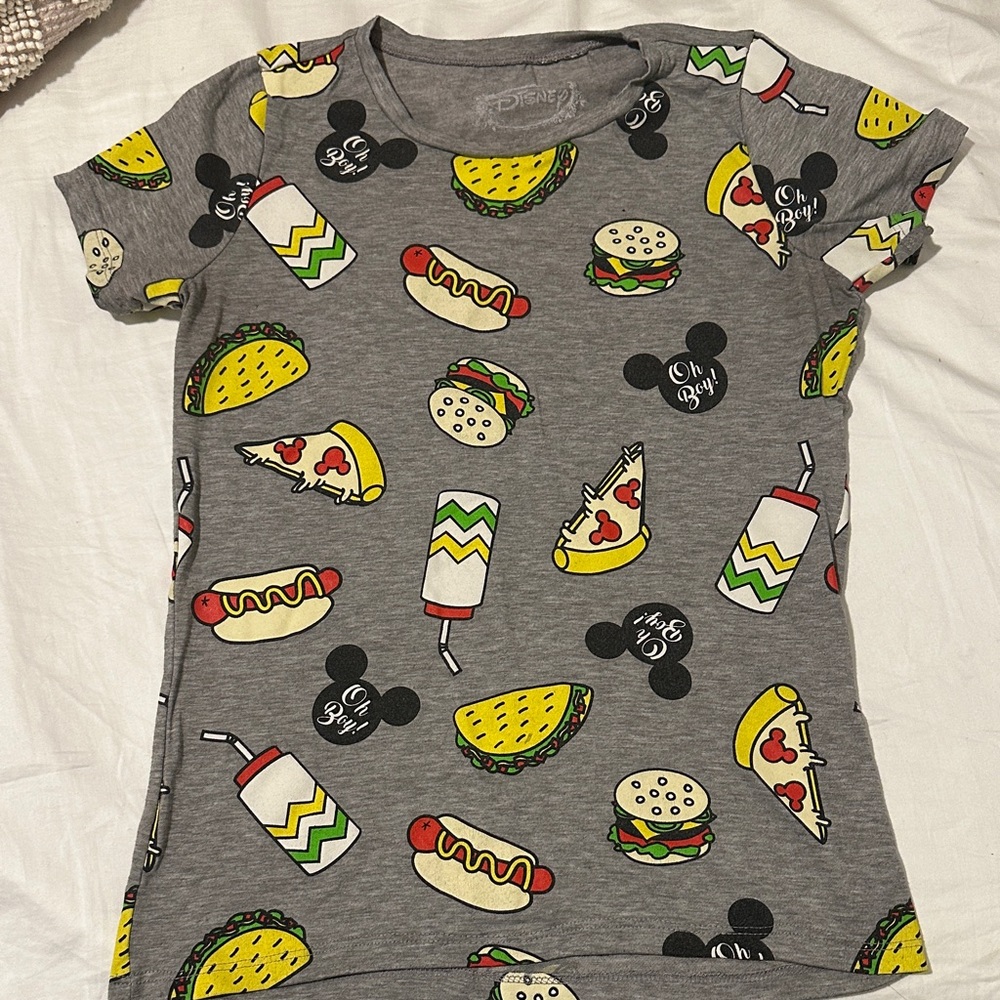 Disney Gray Short Sleeve Tee with Food and Mickey Print